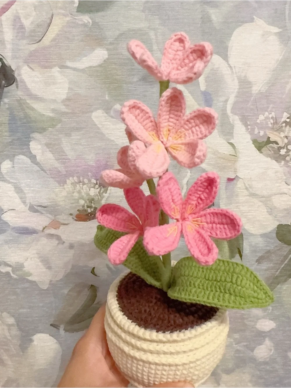 Handmade Pink Crochet Flower Plant in Cream Pot - Home Accents